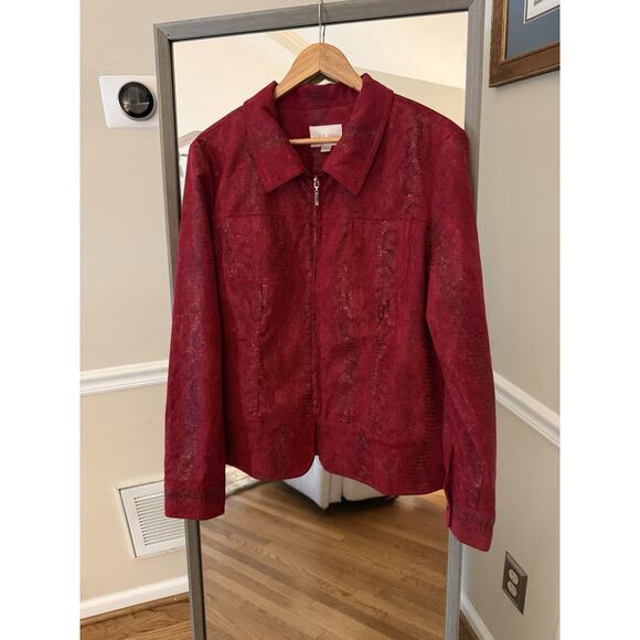Erin London Red Faux Suede Snake Print Zip Front Jacket Classic Collar Retro - Picture 1 of 6